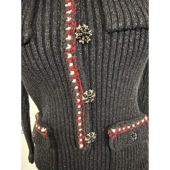 New Self-Portrait Lurex Black with red & white weave Sweater Midi Dress Size 12 - Picture 4 of 9